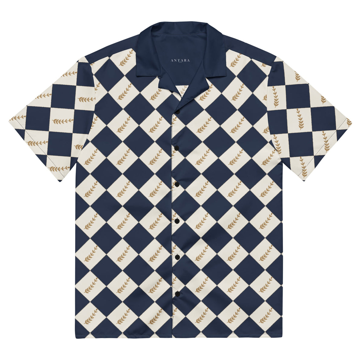 ANTARA Hippodrome Silks Shirt, navy and ivory racing silks with gold laurel