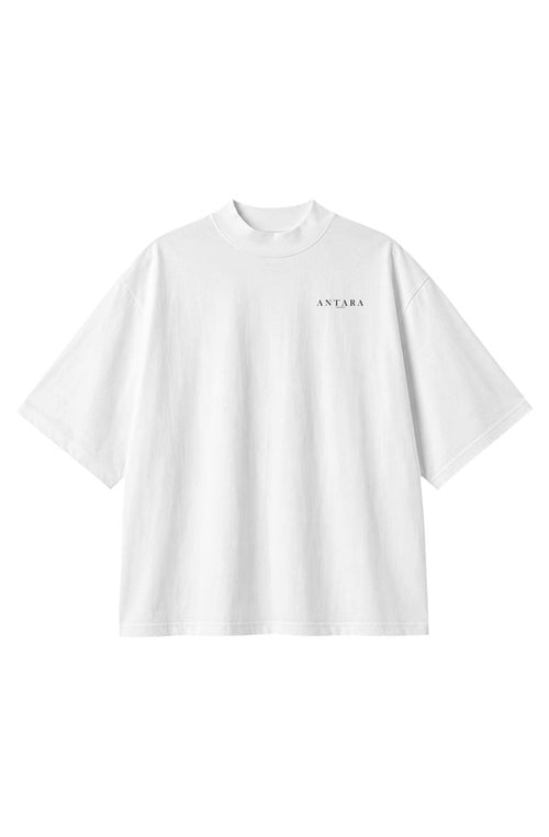 ANTARA Kronos Heavyweight Tee in white, front, black ANTARA wordmark on the left chest