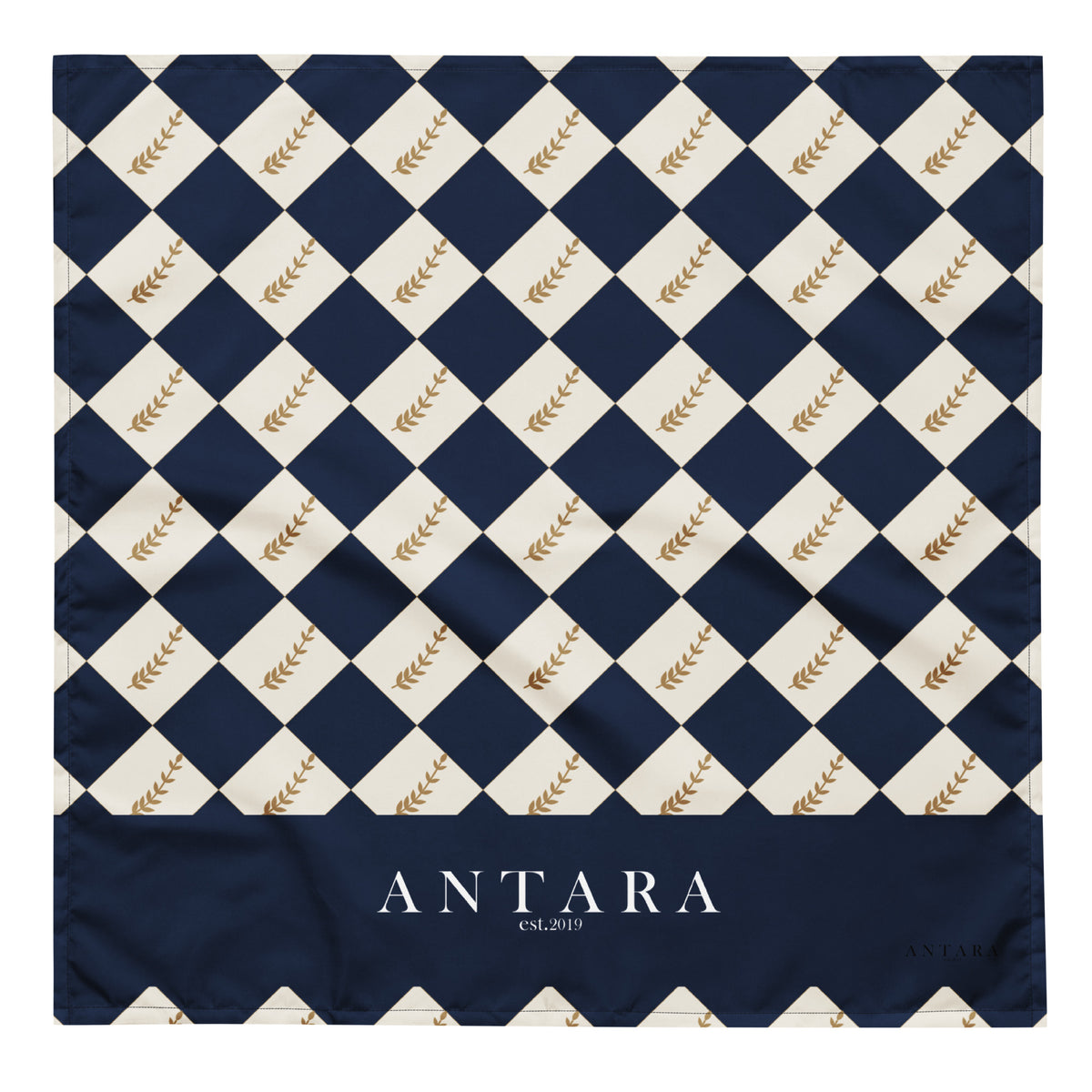 ANTARA Hippodrome Silks Neckerchief, flat, navy and ivory diamond check with gold laurel sprigs and navy band with white ANTARA est.2019 logo