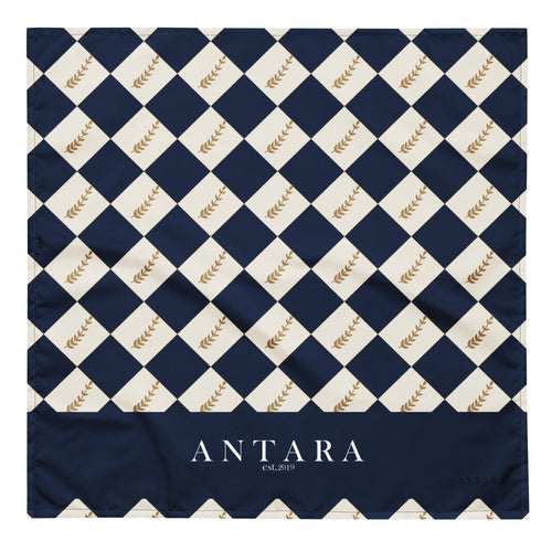 ANTARA Hippodrome Silks Neckerchief, flat, navy and ivory diamond check with gold laurel sprigs and navy band with white ANTARA est.2019 logo