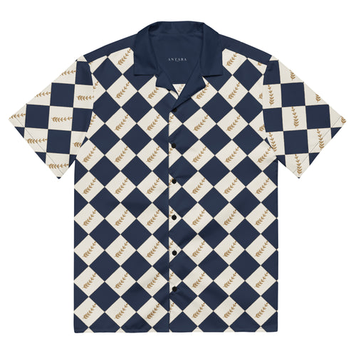 ANTARA Hippodrome Silks Shirt, front flat view, navy and ivory diamond check with gold laurel sprigs and navy collar