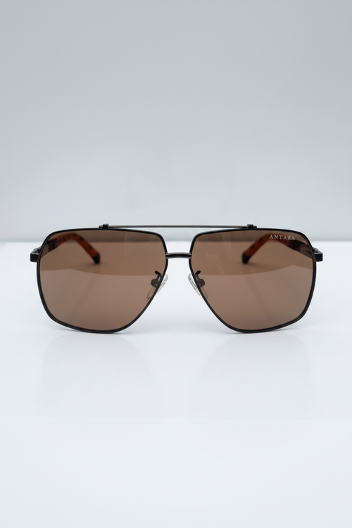 ANTARA Aether Luxe sunglasses, precision metal frame in black, portrait view.