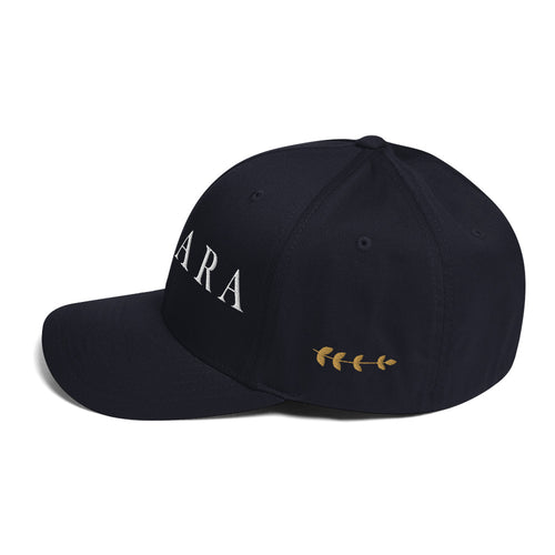 ANTARA Hippodrome Puff Cap in Dark Navy, left side, gold embroidered laurel sprig