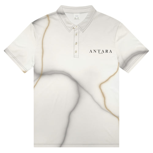 ANTARA Parian Marble Polo, front flat view, ivory marble print with gold veins and black ANTARA logo on left chest