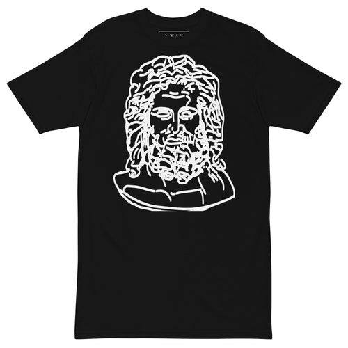 ANTARA Zeus Line Heavyweight Tee in black, front, white Zeus line-art print