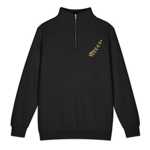 ANTARA Laurel Quarter-Zip in Black, front flat view, gold laurel sprig on left chest